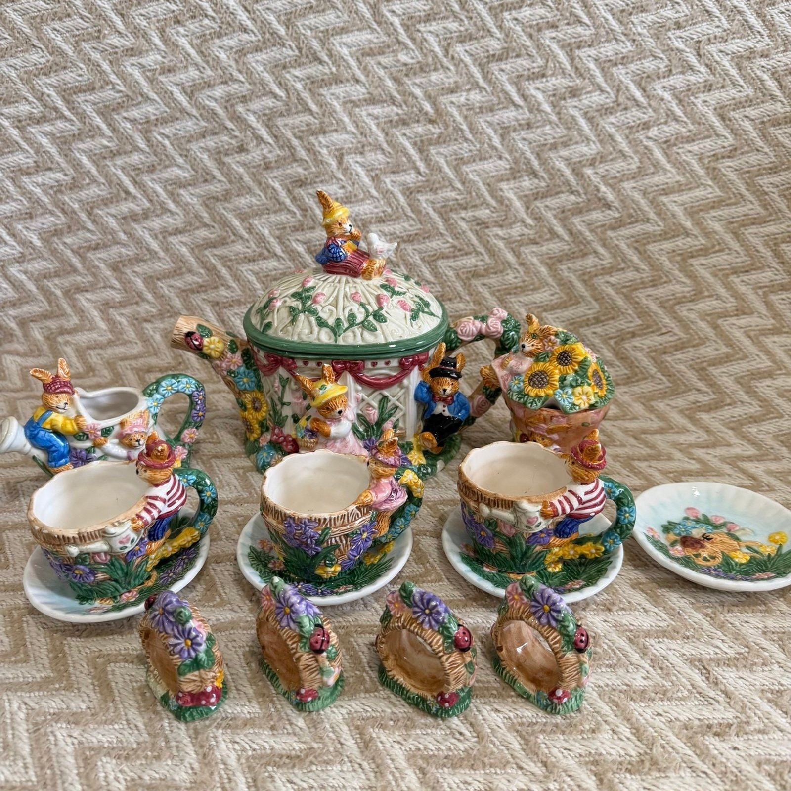 Vintage Mercuries 1998 Garden Party Springtime Easter Bunny Teapot and Tea Set
