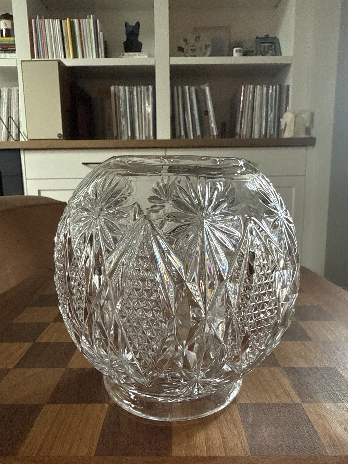 Vintage Large Fostoria Crystal Rose Bowl Vase Cubist Candle Fairy Lamp MCM