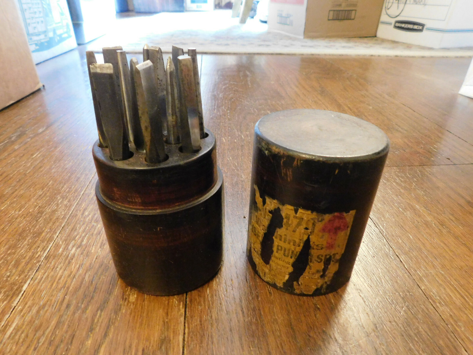 Vtg Antique Rare Goodell Pratt Precise Punch 12 pc Set in Wooden Cylinder Case