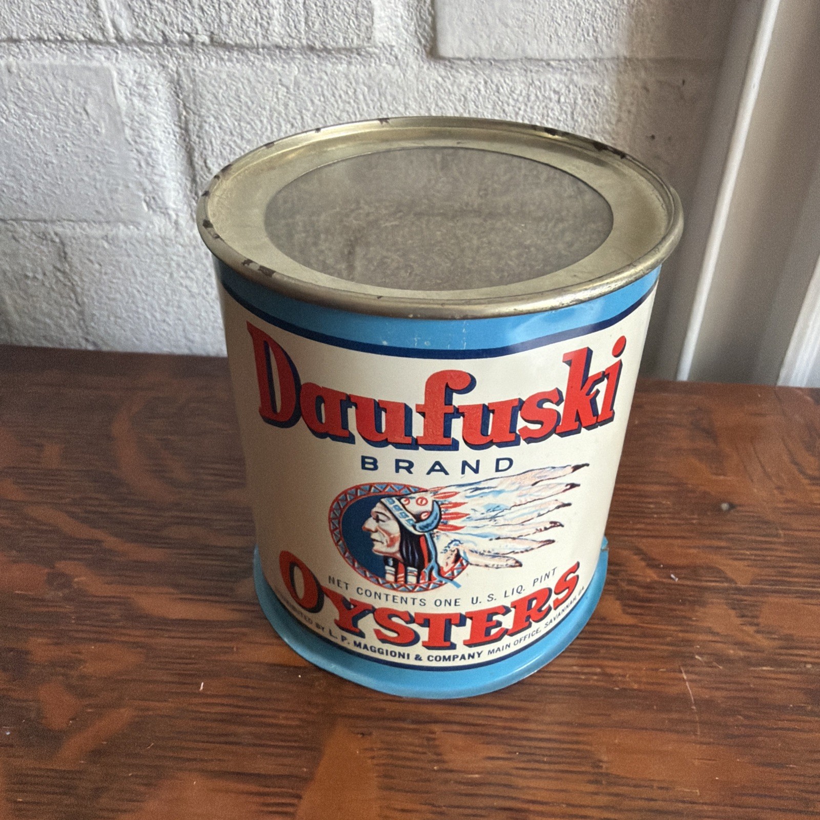 Vintage DAUFUSKI OYSTERS Tin Can One Pint Savanna GA.