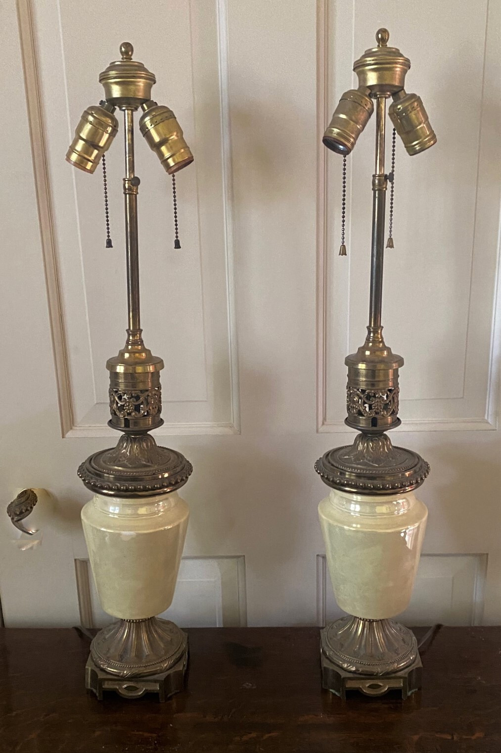 PAIR of 2 Antique French Yellow Lustre & Gilt Bronze Dore Table Lamps - 27