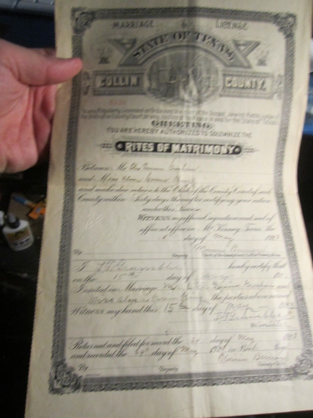 1923 TEXAS MARRIAGE LICENSE COLLIN COUNTY - GWW