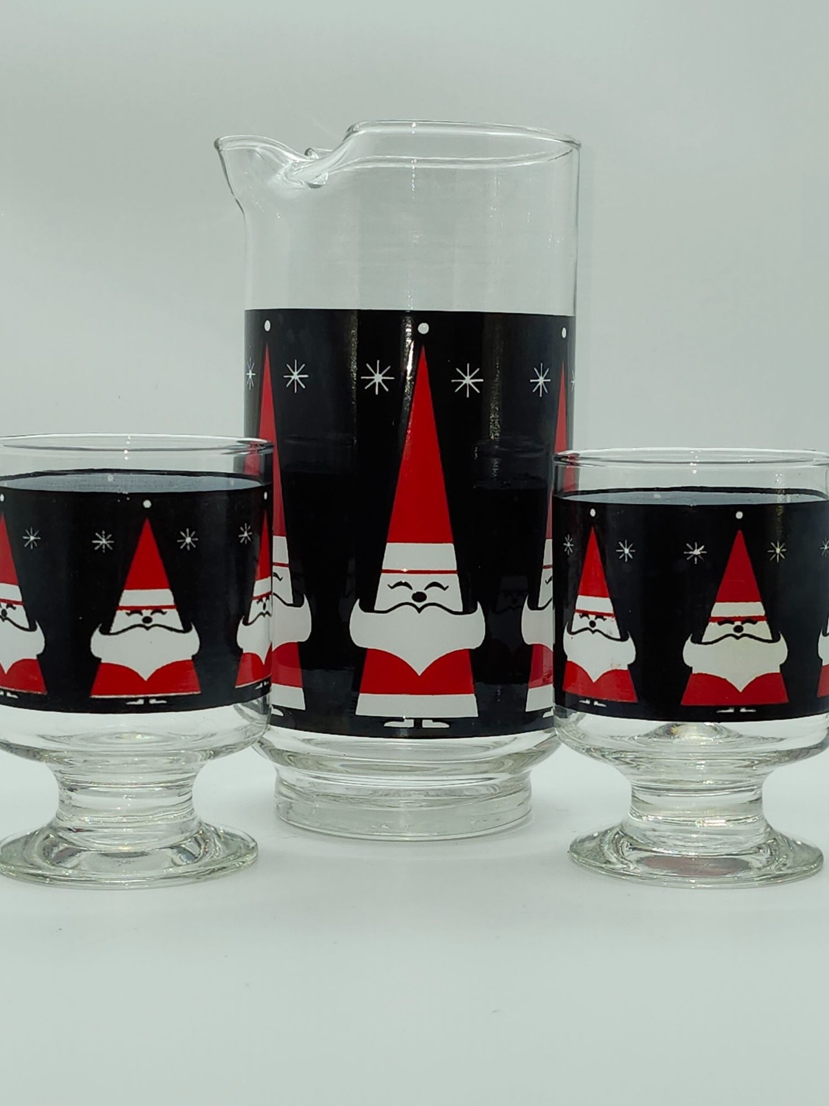 Vintage 1960s Atomic Holt Howard by Libby Glass Pitcher & Santa-Themed Glasses S