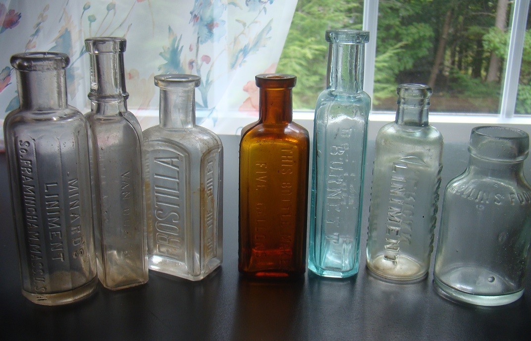 ANTIQUE 7 PIECE EMBOSSED 1880\'s- 1890\'s MEDICINE BOTTLE LOT