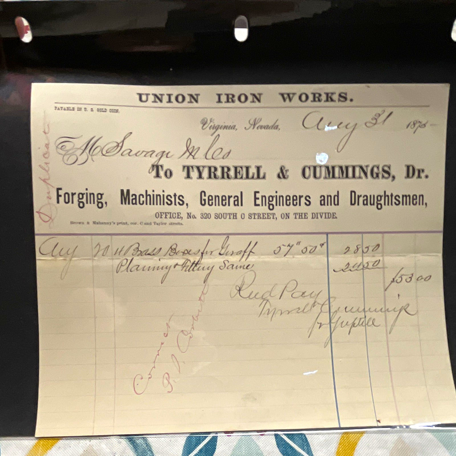 Antique Union Iron Works Invoice to Tyrrell & Cummings, Virginia City NV 1878