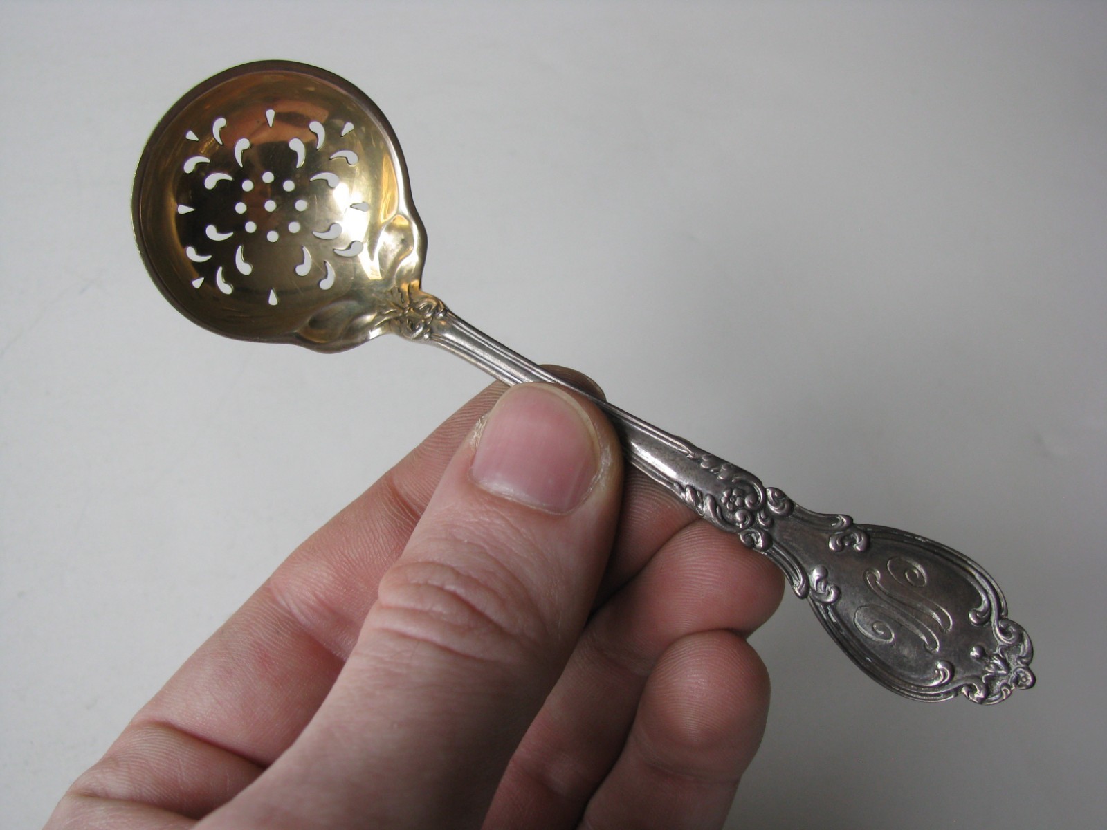 Pierced Sugar Sifter Spoon Lenox Pattern Gorham Sterling Silver Gold Wash w/Mono