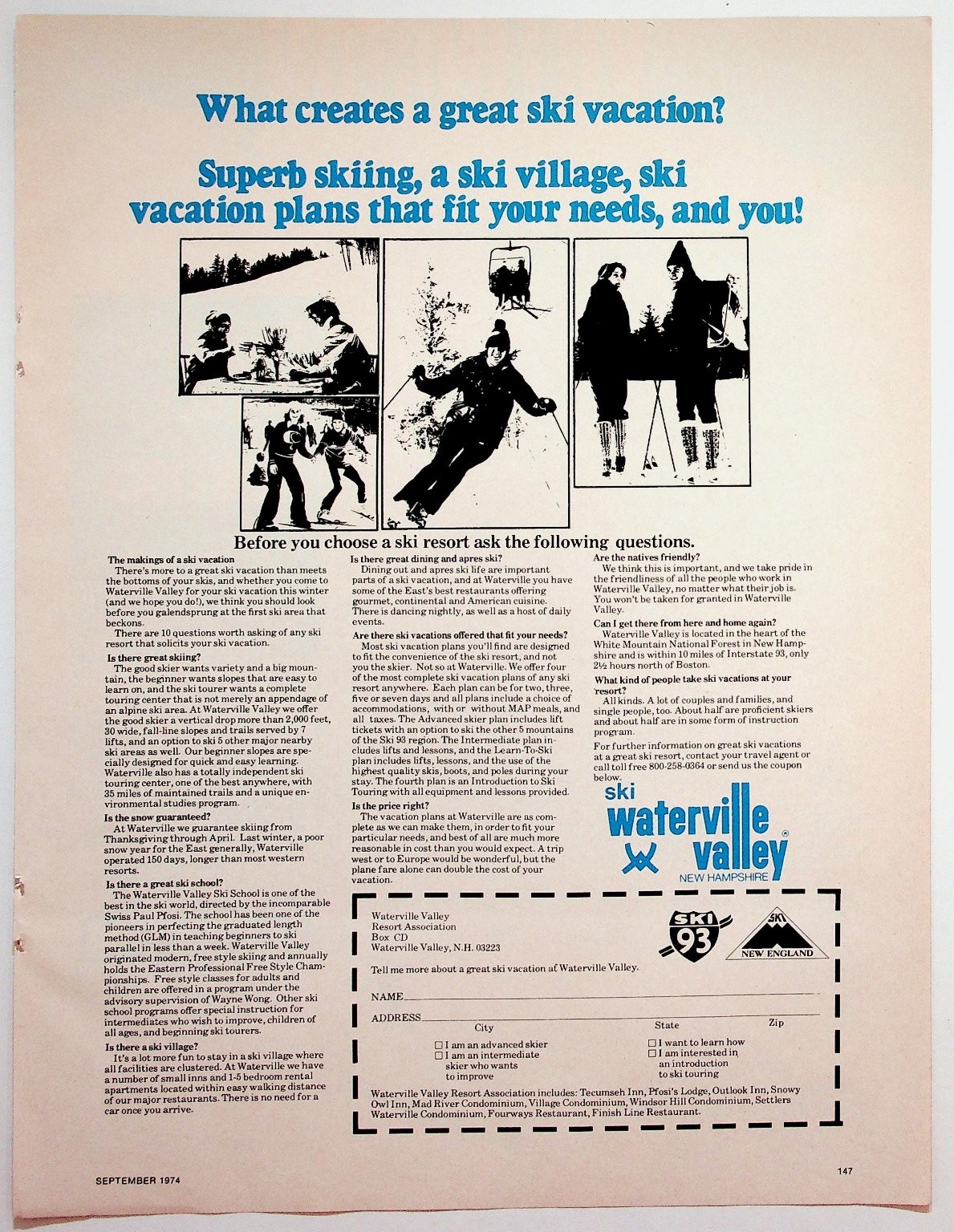 Waterville Valley Ski 93 New Hampshire 1974 Vintage Skiing Magazine Print Ad Waterville Valley Ski 93 New Hampshire 1974 Vintage Skiing Magazine Print Ad