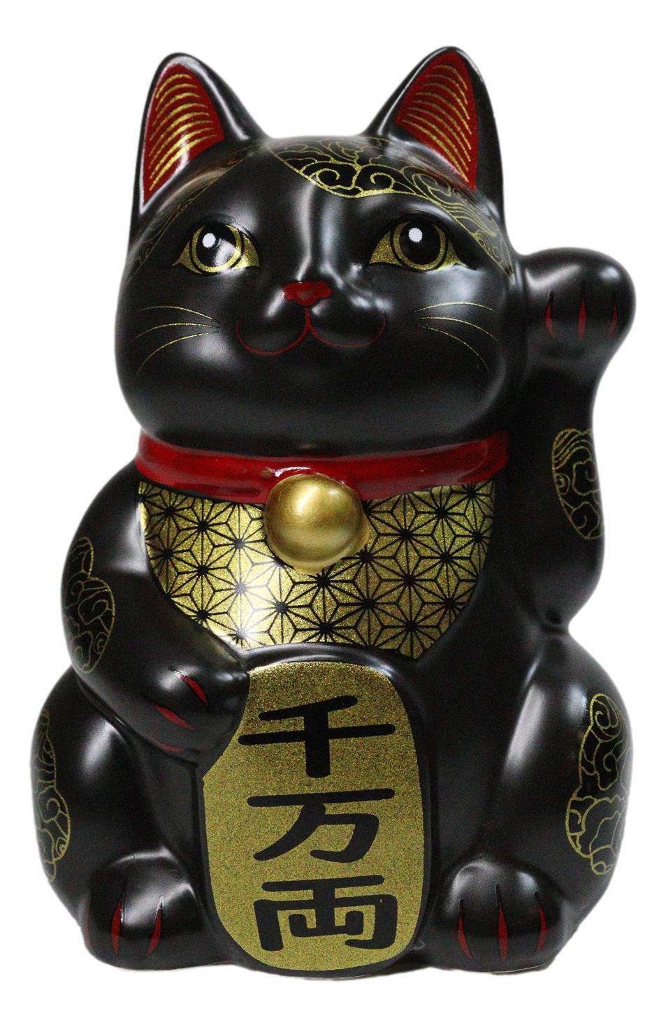 Japanese Lucky Charm Black Beckoning Cat Maneki Neko Ceramic Money Bank 6\
