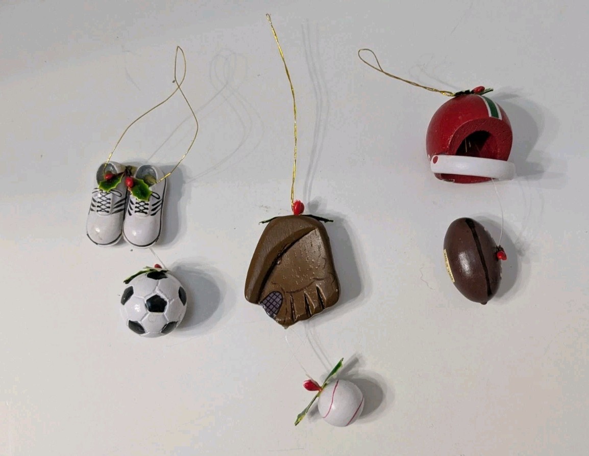 Christmas Ornaments Sports Wooden Football Soccer Baseball Set Of 5 Sports 
