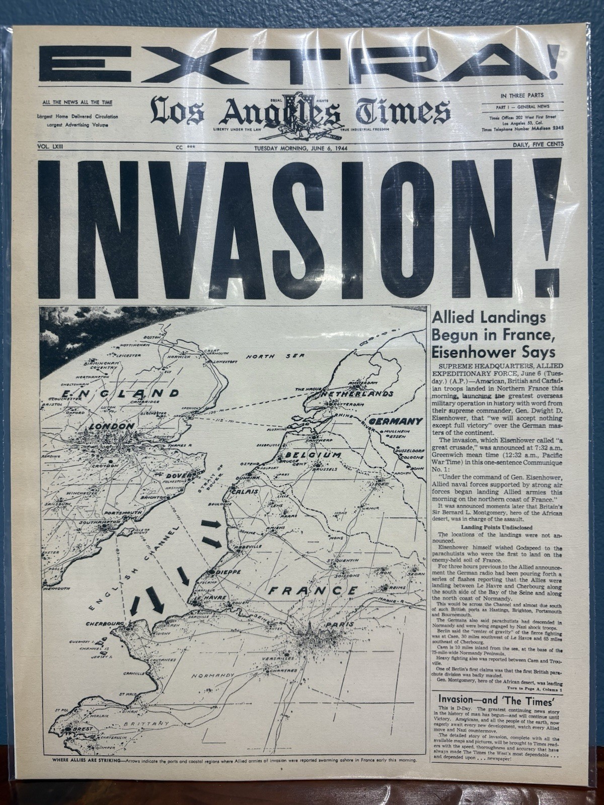 VINTAGE NEWSPAPER HEADLINE~ INVASION D-DAY JUNE 6th 1944 ALLIED FORCES LAND WW2