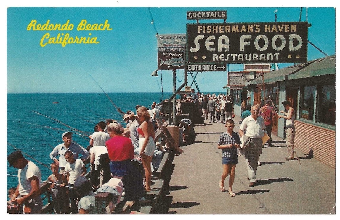 Redondo Beach California c1957 Monstad Pier, fishing, Sea Food restaurant