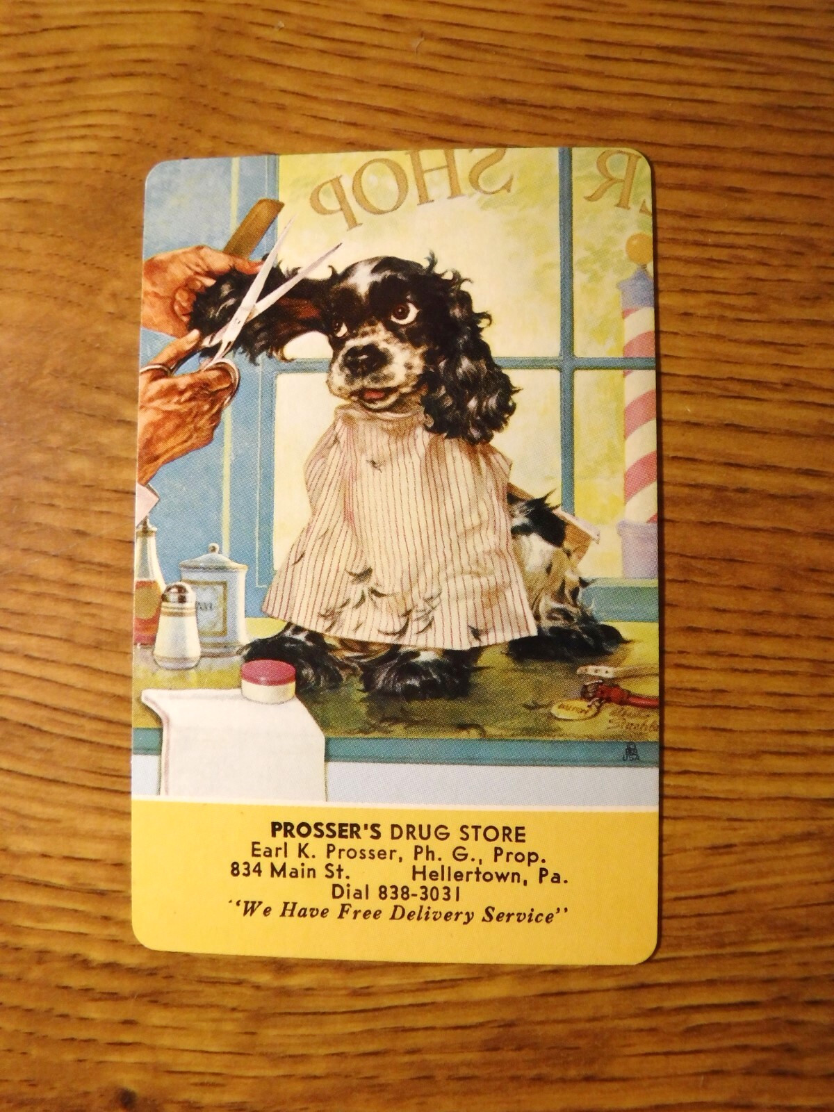 MID 1900\'S VINTAGE PLAYING CARD SWAP COUPON BUTCH DOG GETTING HAIR CUT