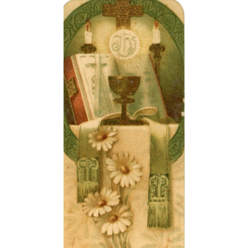 1913 Religious Mass Candles Chalice Bible Pall Victorian Trade Card Lovely