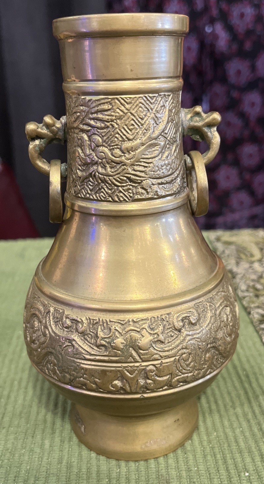 Vtg Ornate Korean Brass Vase double Handle Urn Style 7” Home Decor 