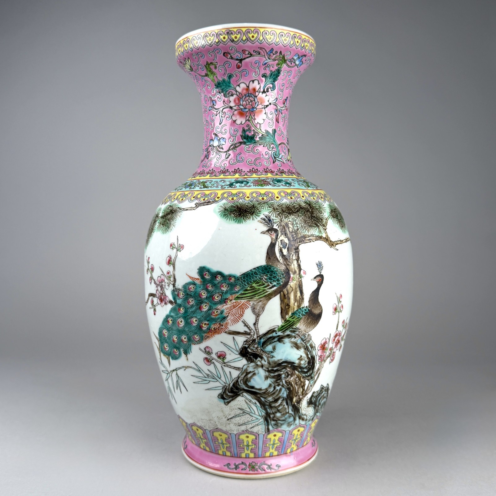 Vintage Chinese Porcelain Famille Vase Peacock Bird Flowers Poem Calligraphy 14”