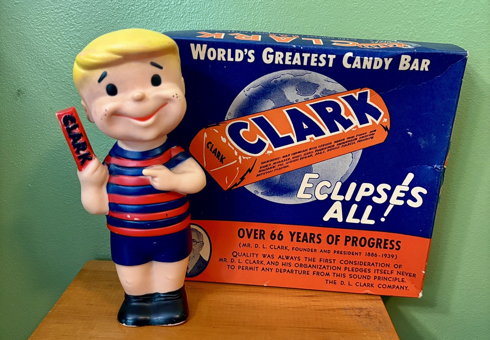 Vintage Clark Candy Bar Boy Vinyl Advertising Figure AND vintage Clark Box Vintage Clark Candy Bar Boy Vinyl Advertising Figure AND vintage Clark Box