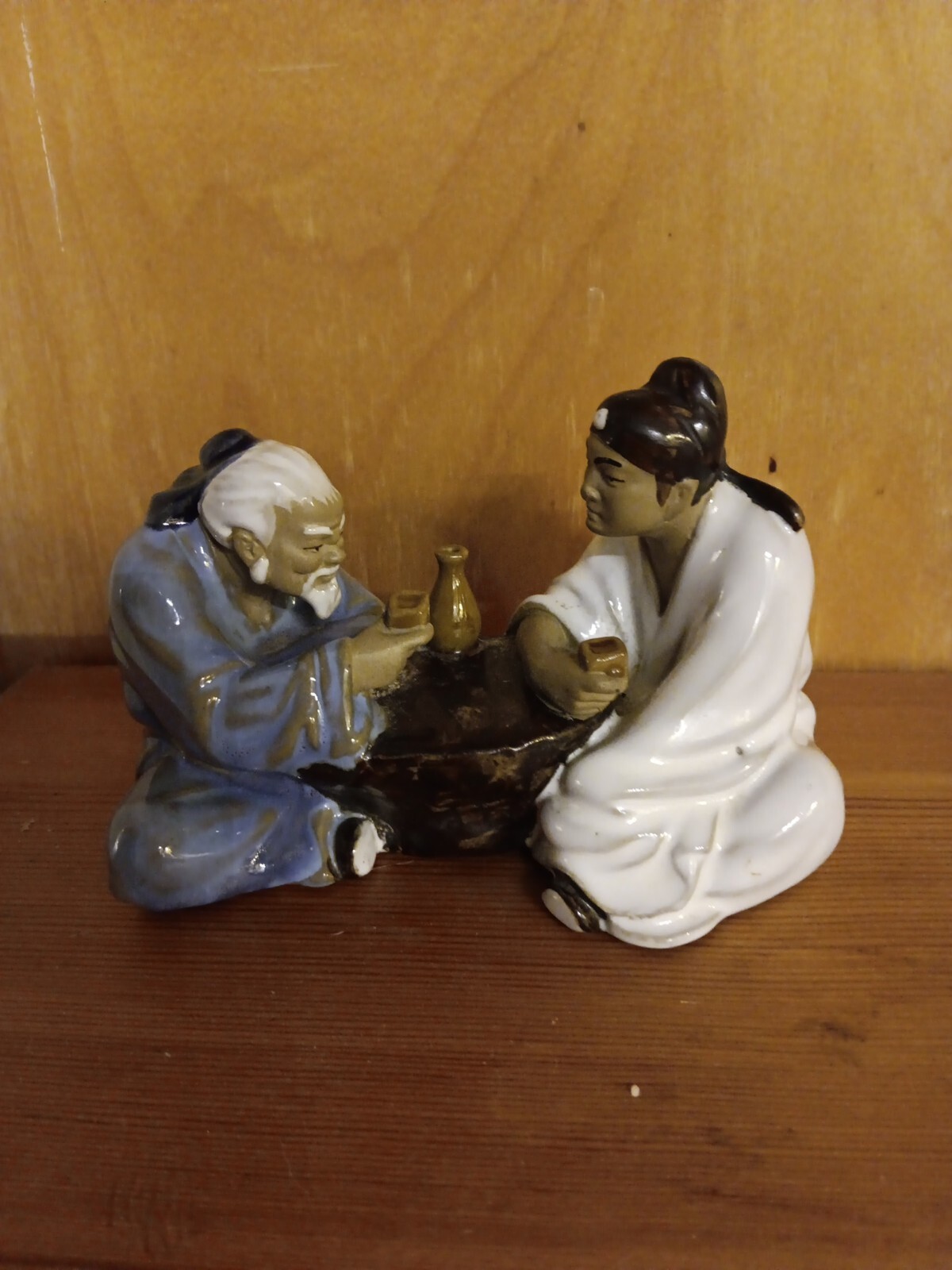 Asian Mud Men Ceramics Marked 68 Sitting At Table Drinking Saki
