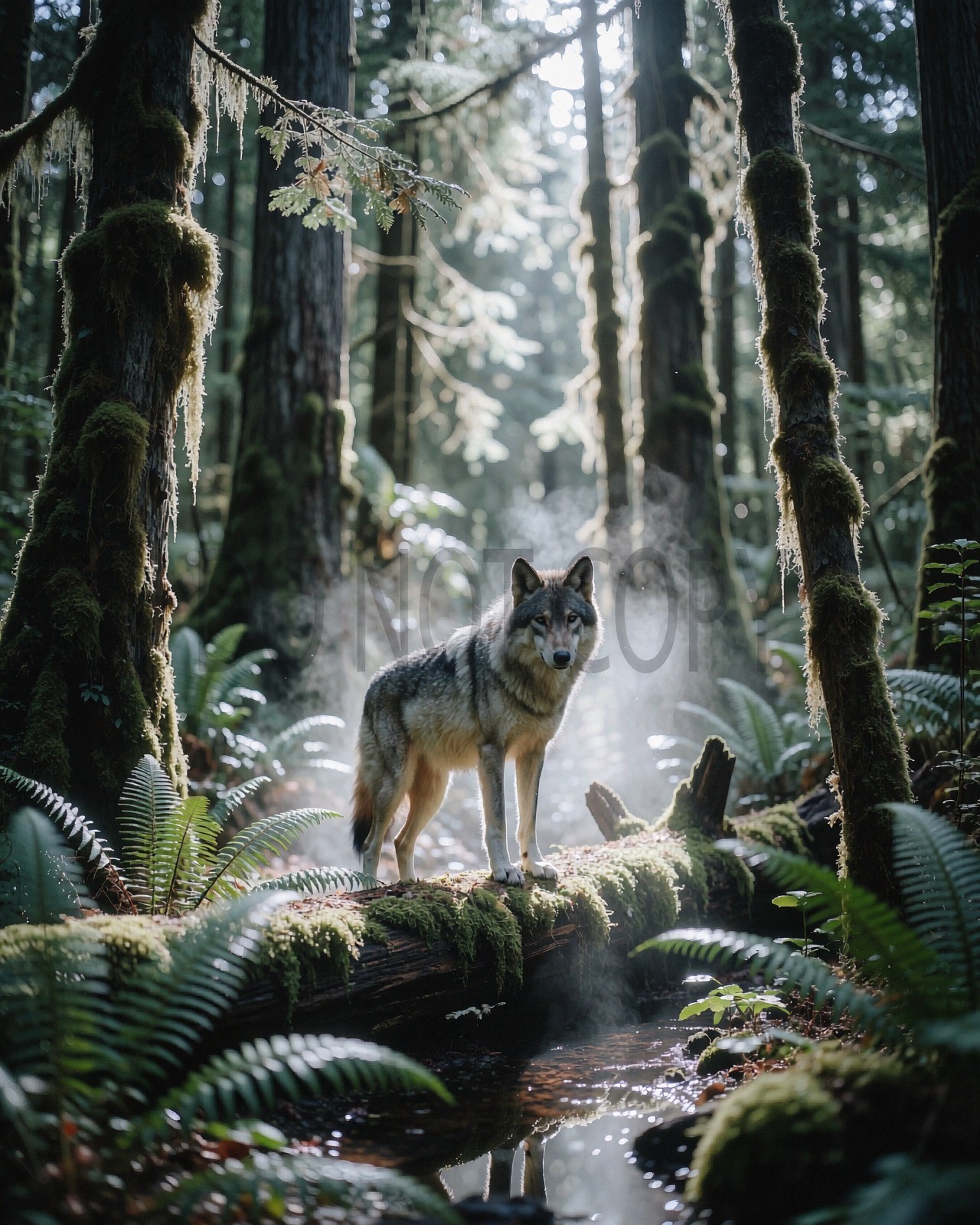 Majestic Wolf Mossy Ancient Forest Mist Stream Fantasy Art Print