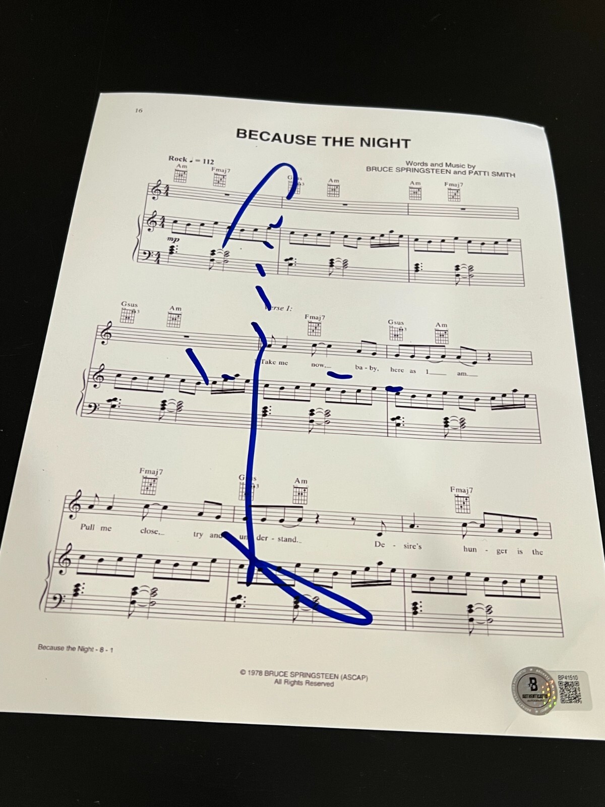 PATTI SMITH SIGNED AUTOGRAPH SHEET MUSIC BECAUSE THE NIGHT BECKETT BAS COA