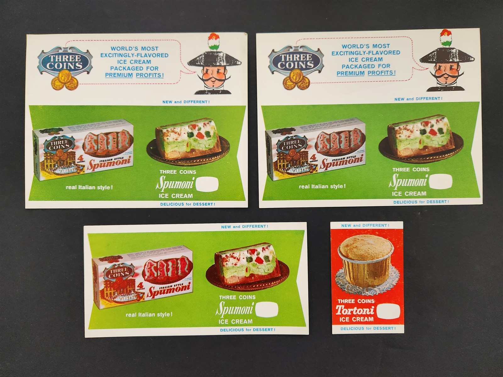 vintage THREE COINS ICE CREAM pennsupreme 4pc STORE SHELF TAGS SIGNS ad lot 