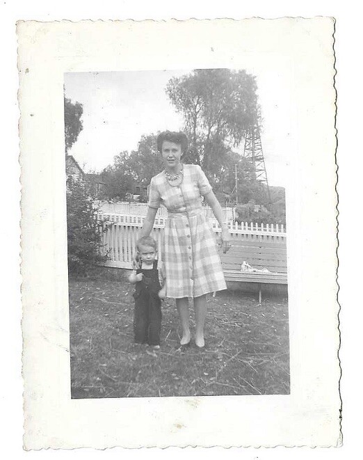 Vintage B&W 1944 Photo Fashionable Lady Mom W/Young Boy In Overalls Oil Derrick