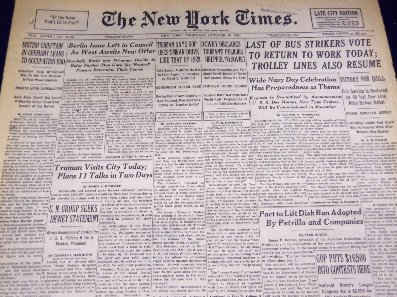 1948 OCTOBER 28 NEW YORK TIMES - BUS STRIKERS VOTE TO RETURN - NT 3390