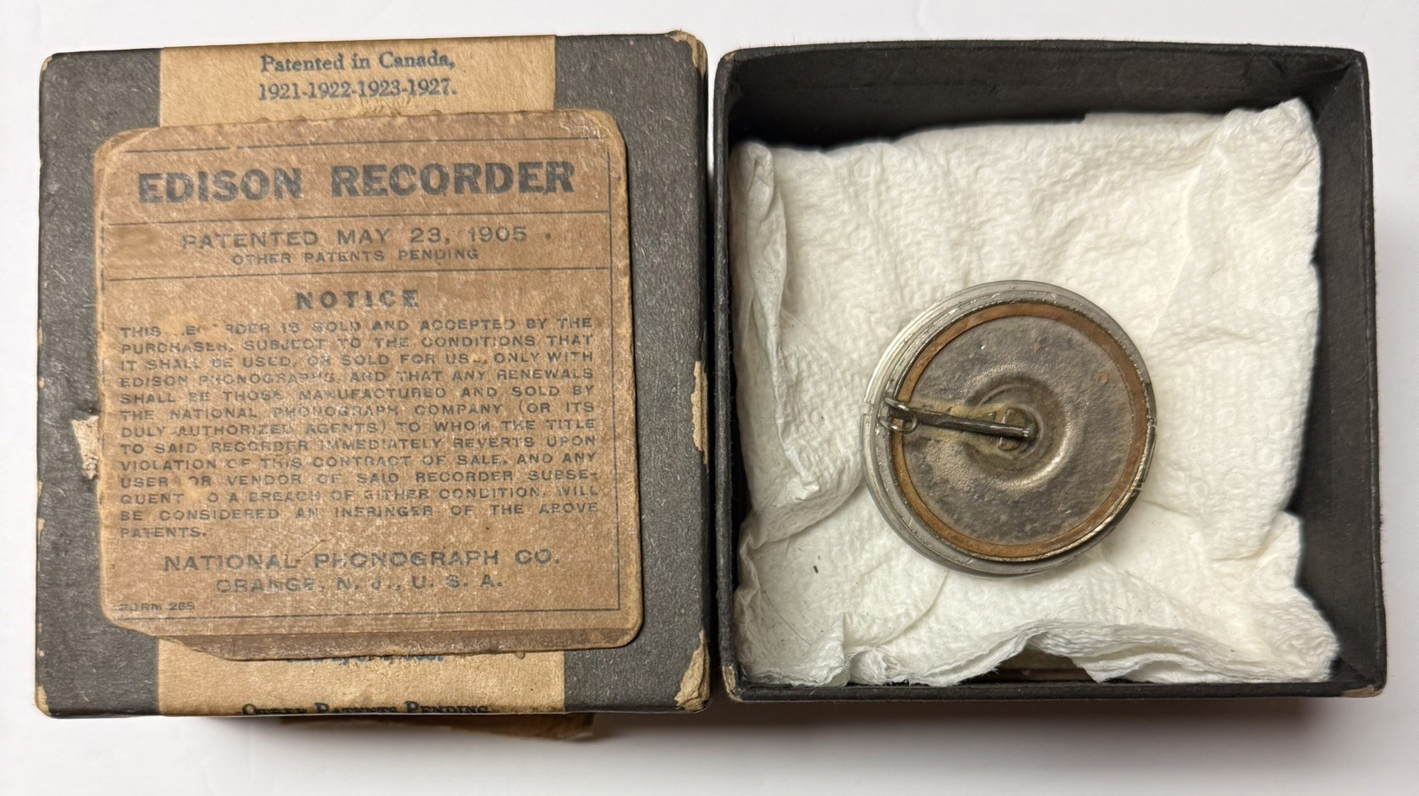Early Brass Nickel Plated Edison 2 Min Recorder w/Box for Edison Phonographs. Early Brass Nickel Plated Edison 2 Min Recorder w/Box for Edison Phonographs.