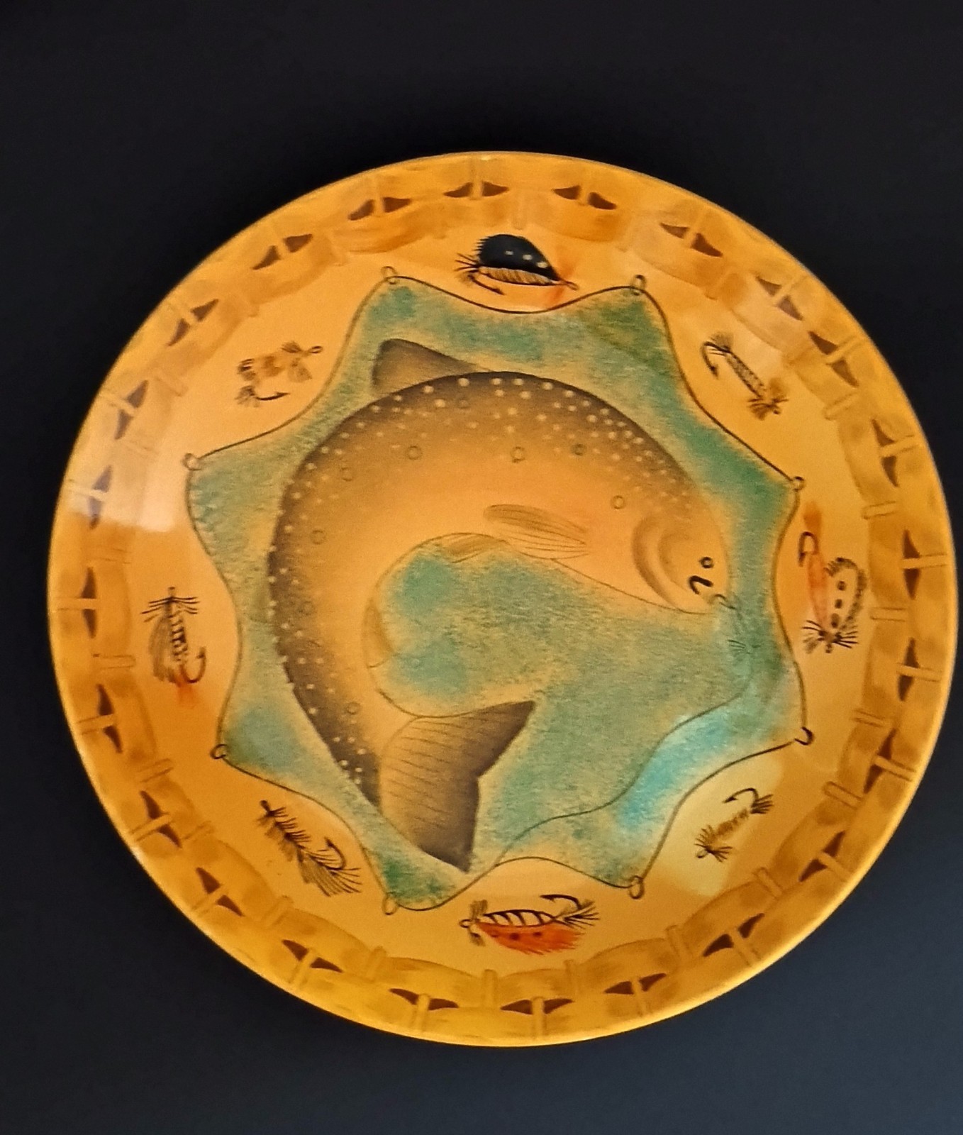 Art Pottery Plate Fish Design w/Fishing Flies as Trim Hand Painted Display Piece
