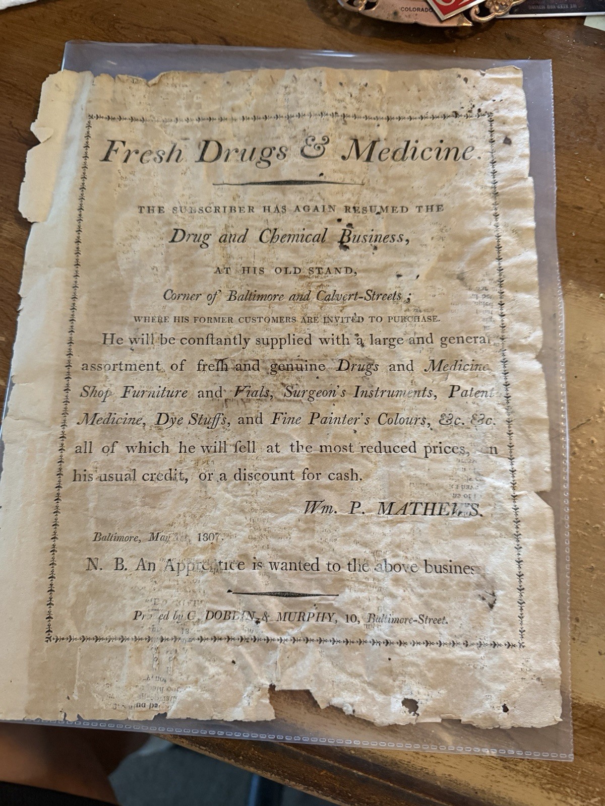 Vintage Broadside Ad 1807 Pharmaceutical Medicine 100% Authentic