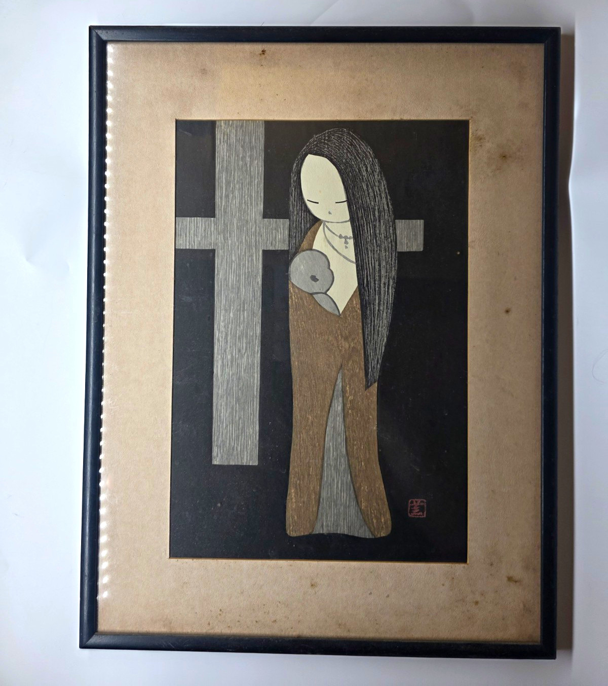 Kaoru Kawano Signed Japanese Woodblock Print Cross Madonna and Child Framed Art
