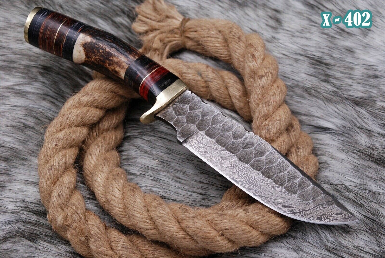 CUSTOM HANDMADE DAMASCUS STEEL HUNTING SKINNING KNIFE DEER STAG HANDLE  SURVIVAL
