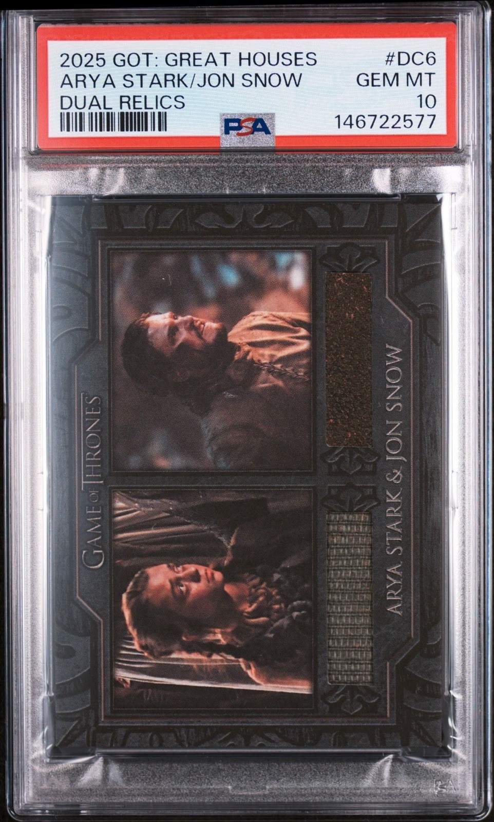 PSA 10 GM 2025 RITTENHOUSE GAME OF THRONES DUAL RELICS ARYA STARK & JON SNOW DC6 PSA 10 GM 2025 RITTENHOUSE GAME OF THRONES DUAL RELICS ARYA STARK & JON SNOW DC6