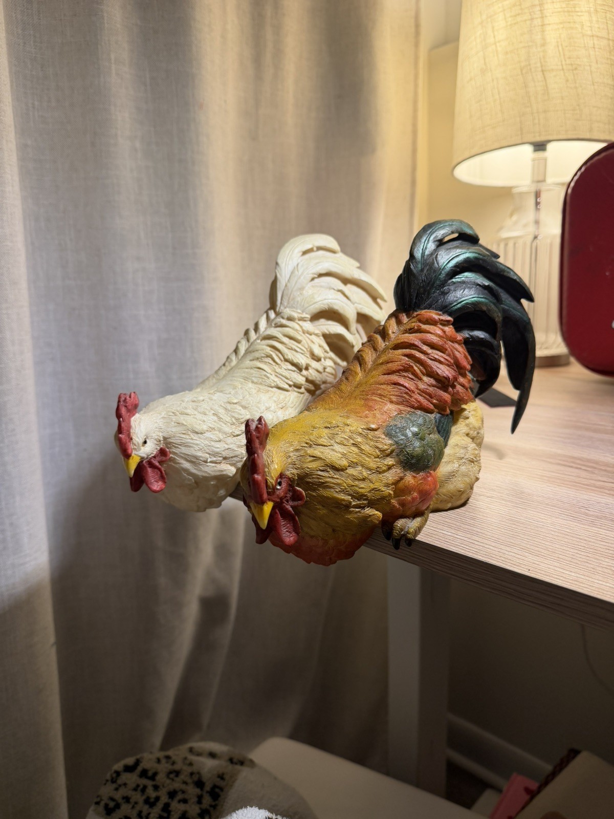 Resin Painted 3D Rooster & Chicken Figurines Set of 2, Multicolor