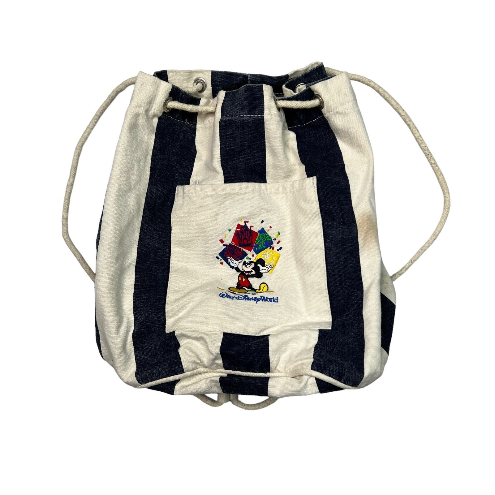 Disney VTG Y2K Embroidered Striped Canvas Drawstring Cinch Sack Bucket Backpack