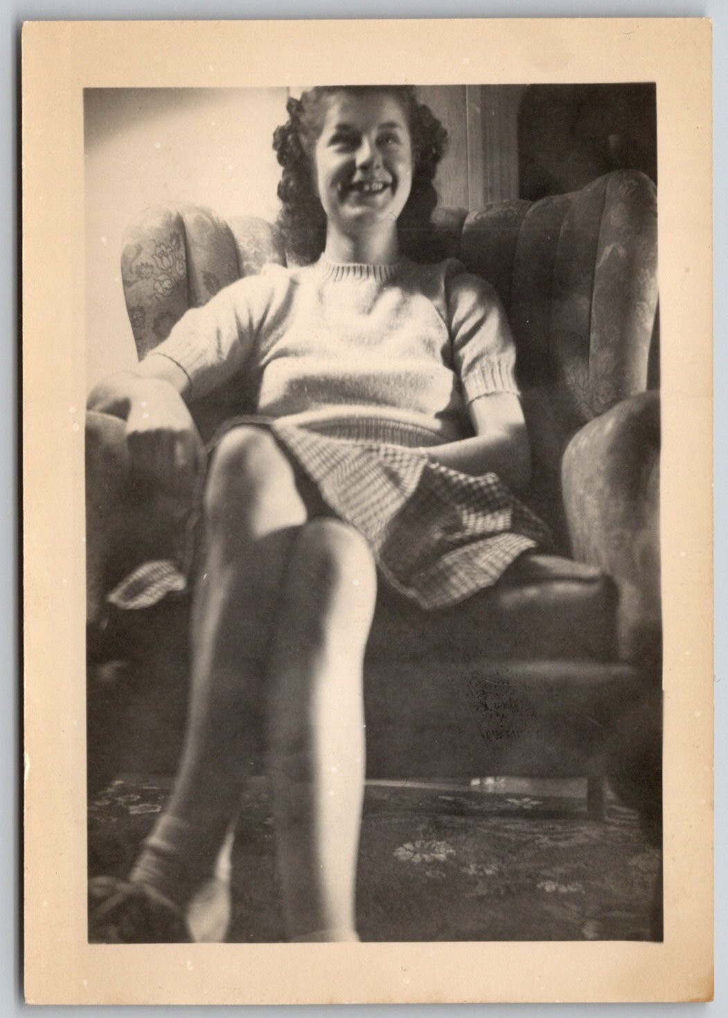 Vintage 1940s Black & White Photo Smiling Woman in Armchair Portrait Vintage 1940s Black & White Photo Smiling Woman in Armchair Portrait