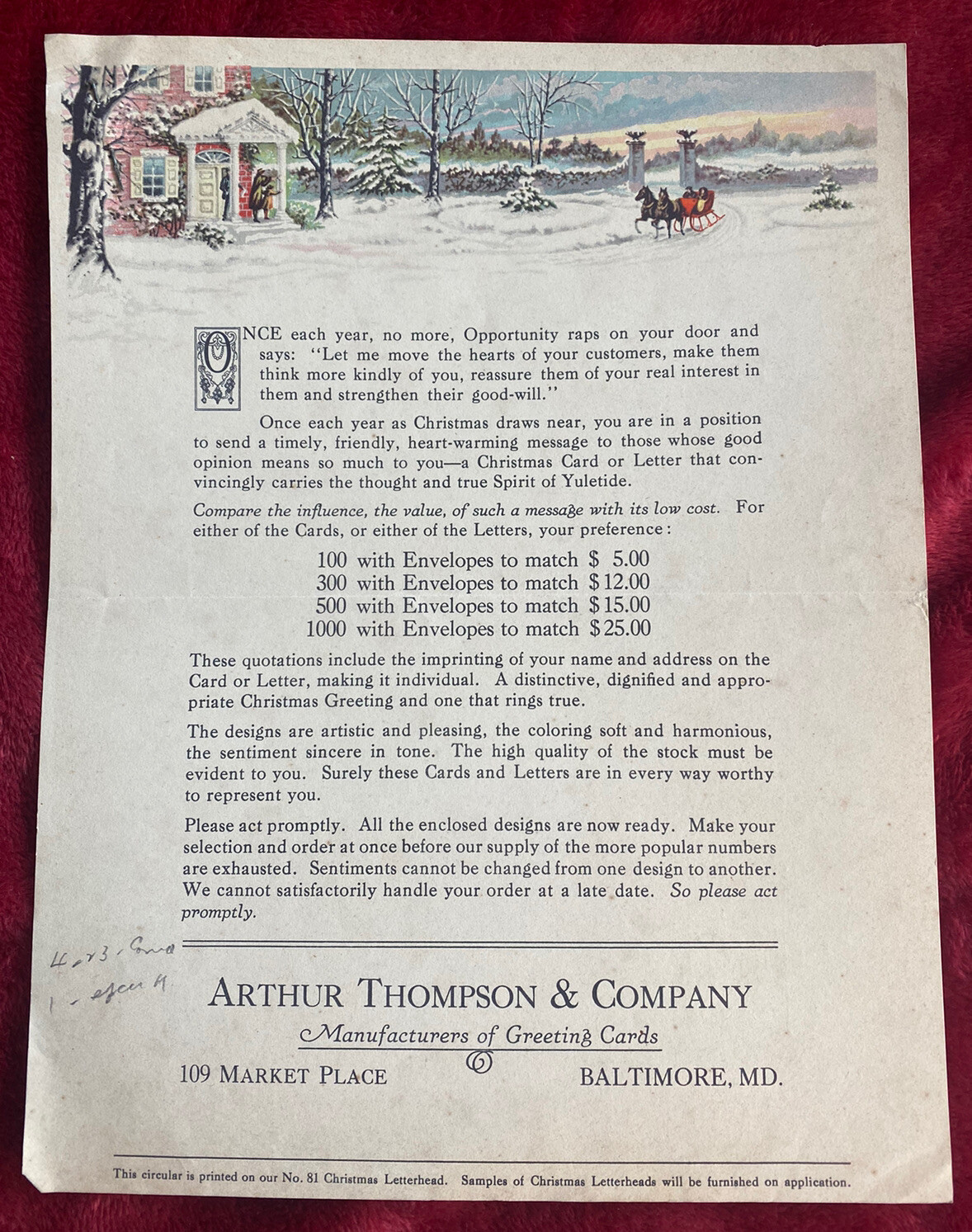 Vintage c1930 Arthur Thompson & Company Ornate Christmas Letterhead Paper Ad