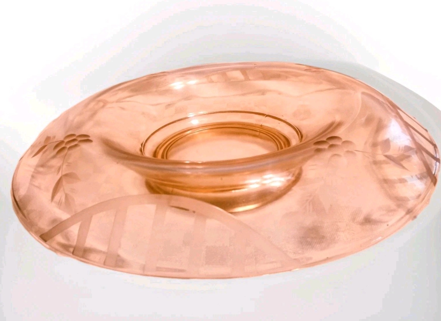 Depression Glass Pink Console Bowl with Rolled Edge Vintage Etched Floral...