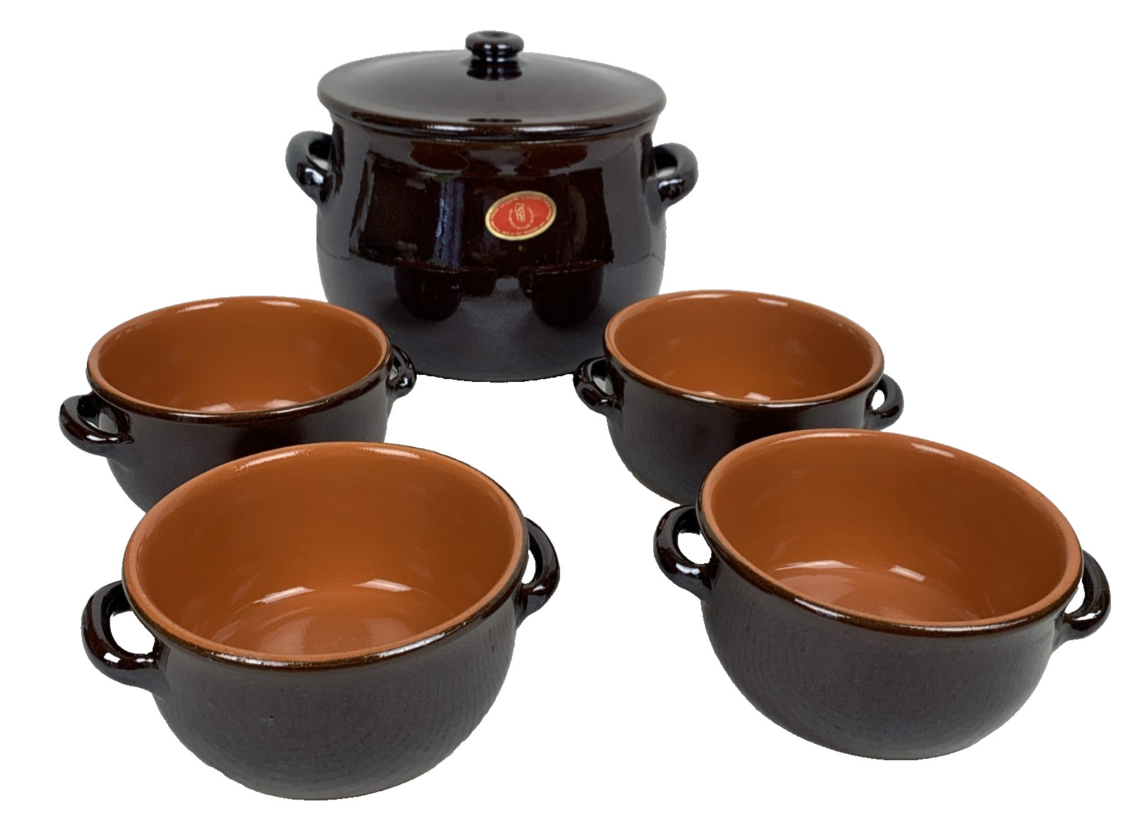 VTG Earthenware 6 PC Primitive Glazed Stoneware Bean Pot Crock Set New Italian
