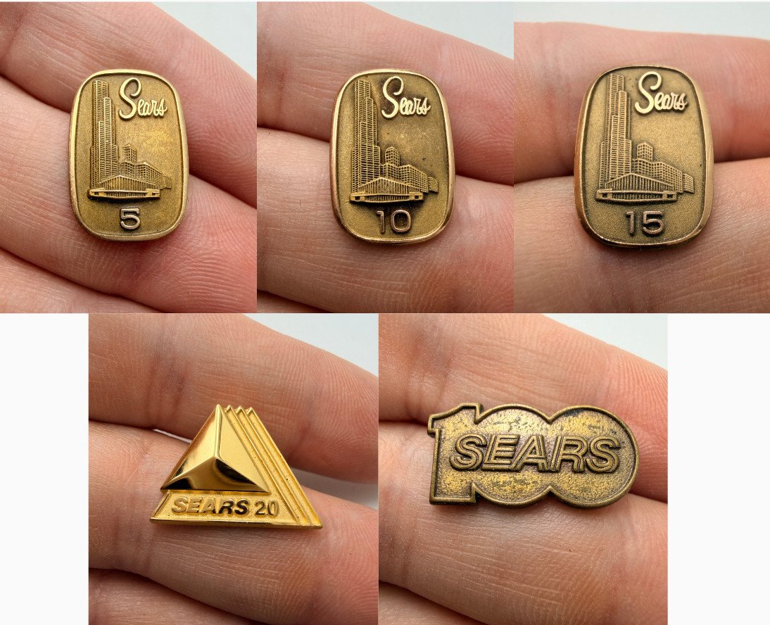 Sears Roebuck 5/10/15/20/100 Year Employee Service Lapel Pin 1/10 10k GF Vintage