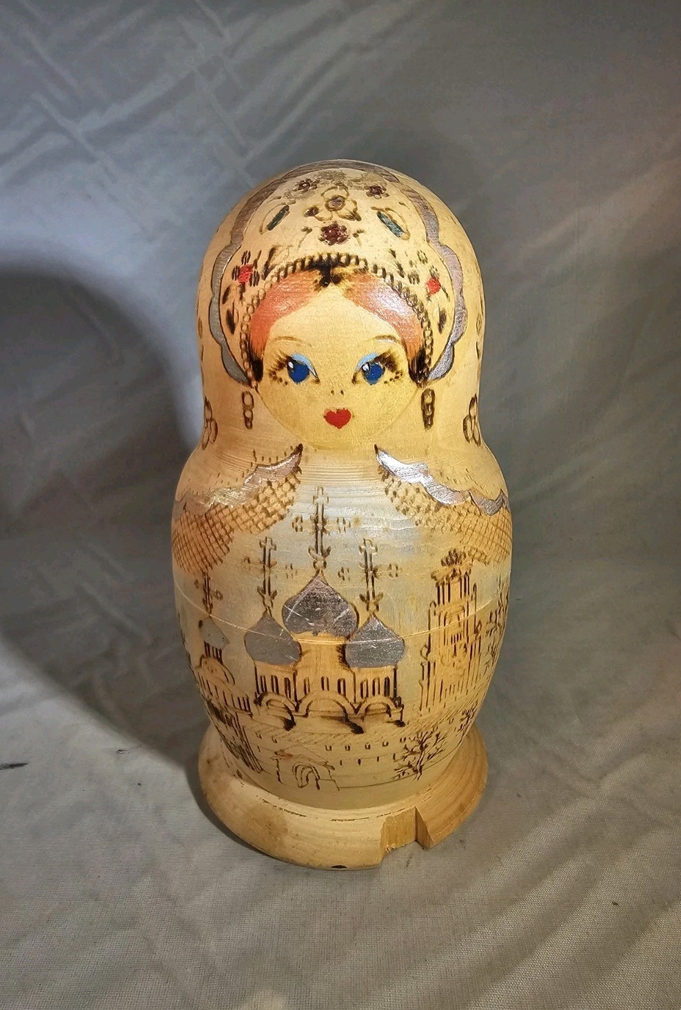 5 Piece Wooden Matryoshka Nesting Dolls Woodburned Hand Painted W Silver Accent 