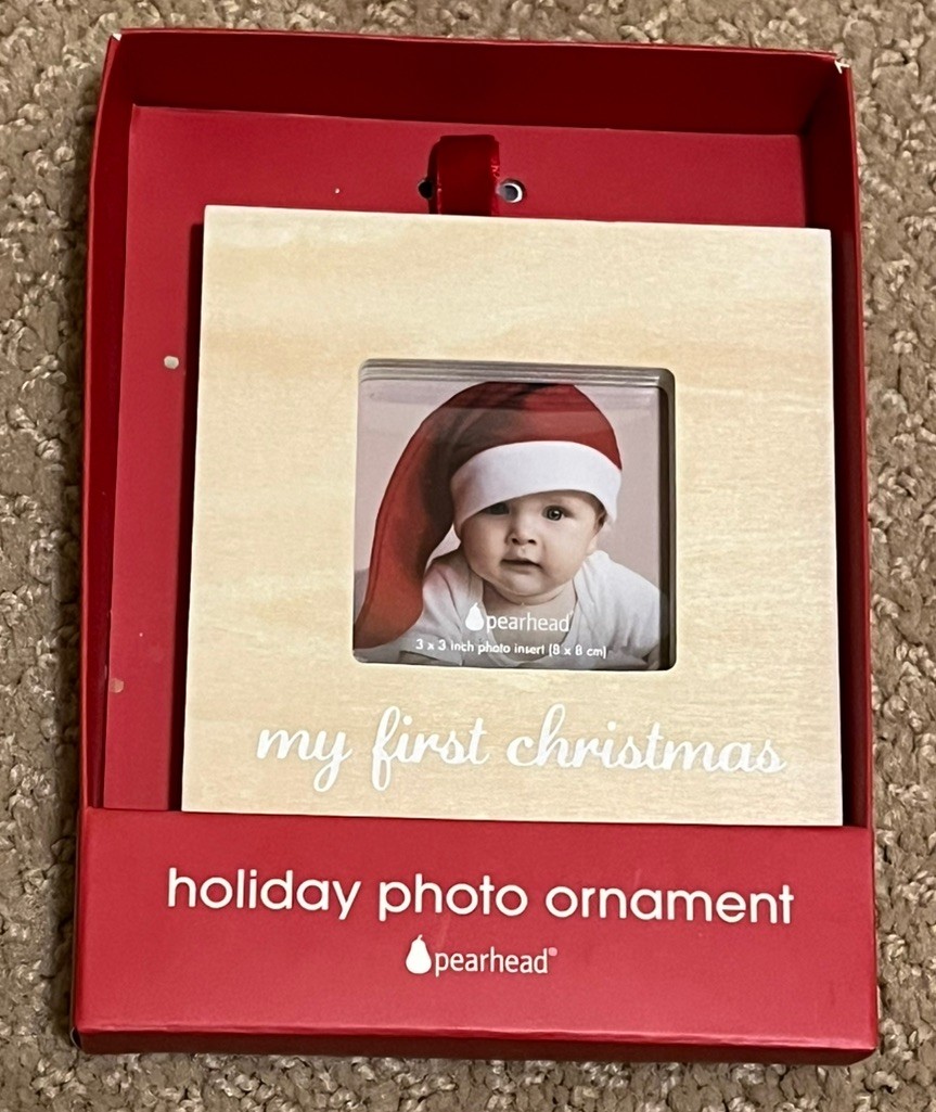 Pearhead New in Box My First Christmas Ornament Baby Photo Frame Square Wood 