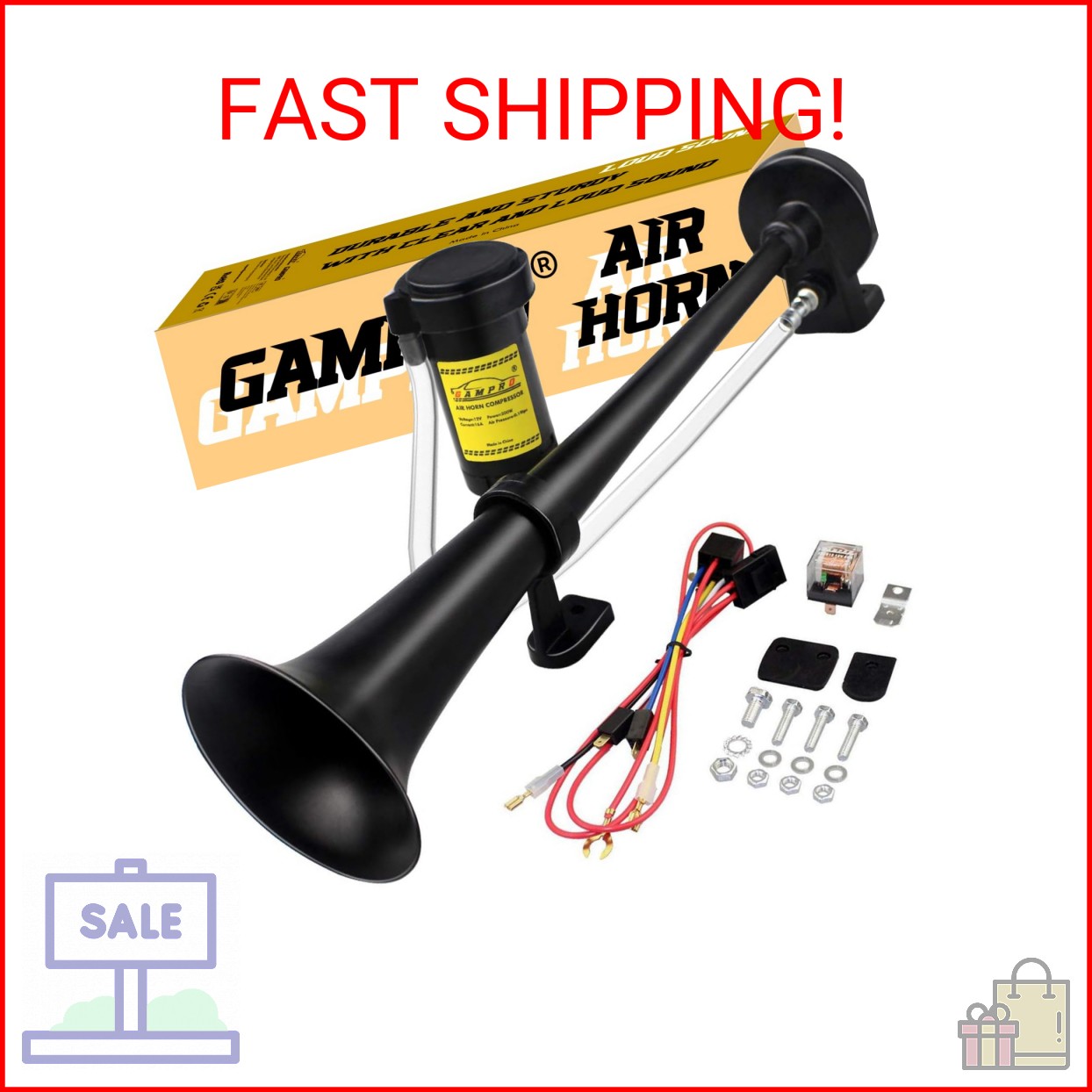 GAMPRO 12V 150dB Air Horn, 18Inch Chrome Zinc Single Trumpet Truck Horn with Com