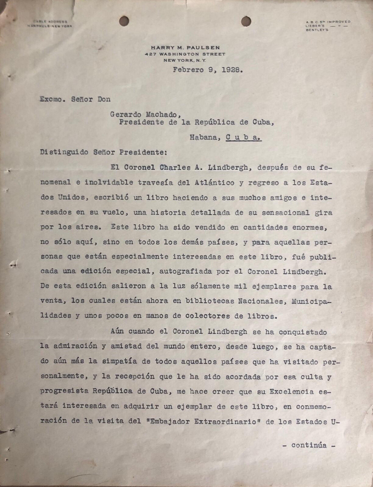 Letter sent to Gerardo Machado, circa 1928, Signed, Havana, Cuba.