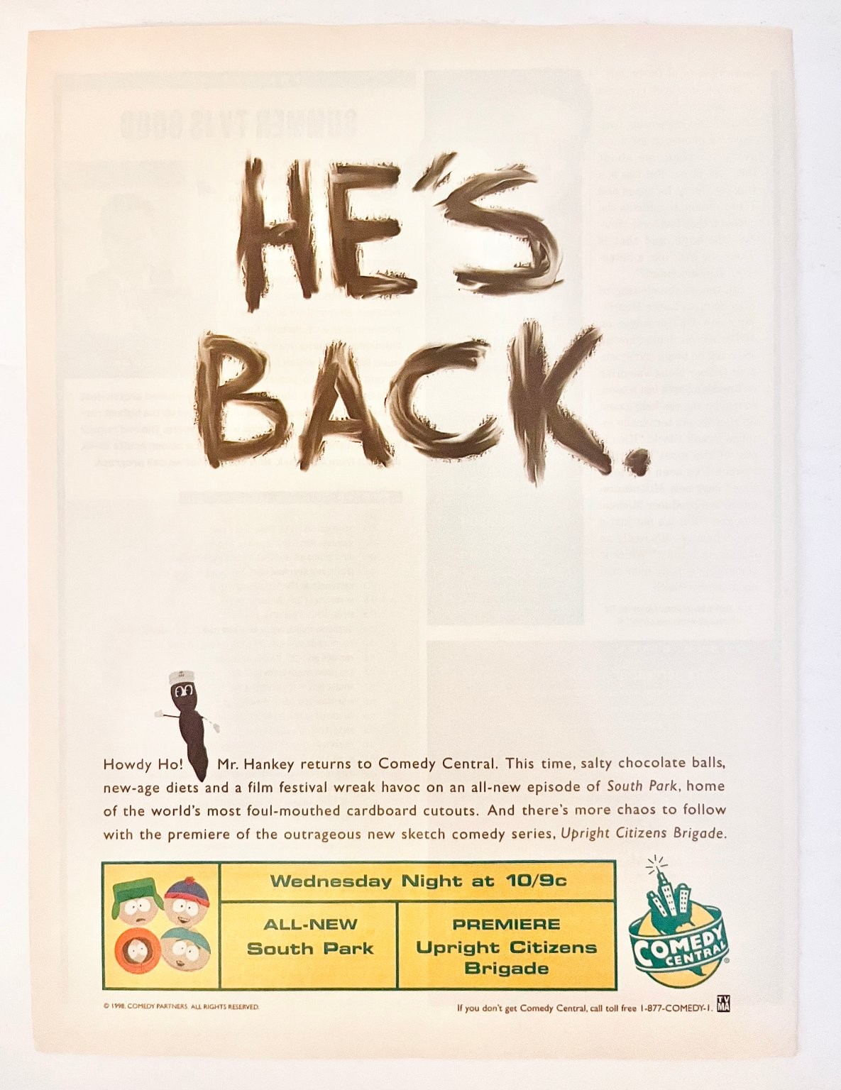Vtg South Park Mr. Hankey Print Ad UCB Comedy Central  - 8x11