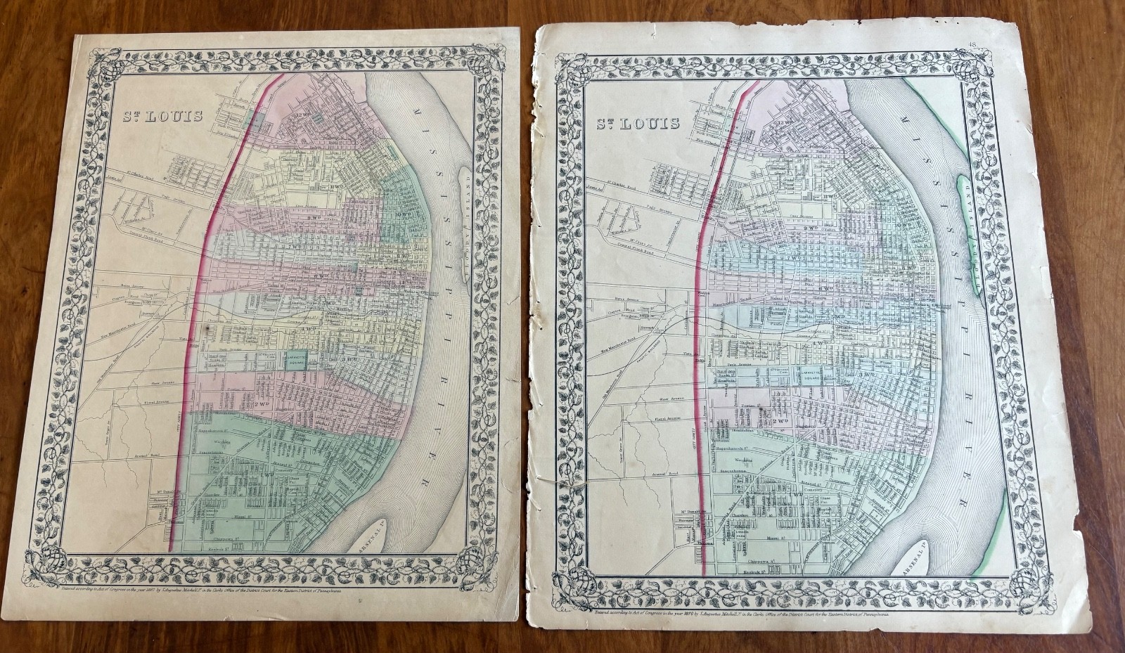 FOUR ORIGINAL 1860\'S-70\'S MAPS OF ST. LOUIS MISSOURI GRAY MITCHELL +++
