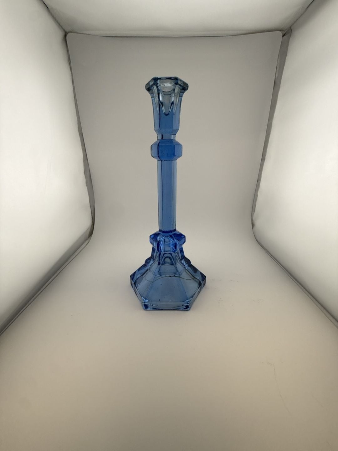 Vintage Cobalt Blue Glass Candlestick Holders: Art Deco Geometric Ribbed Design