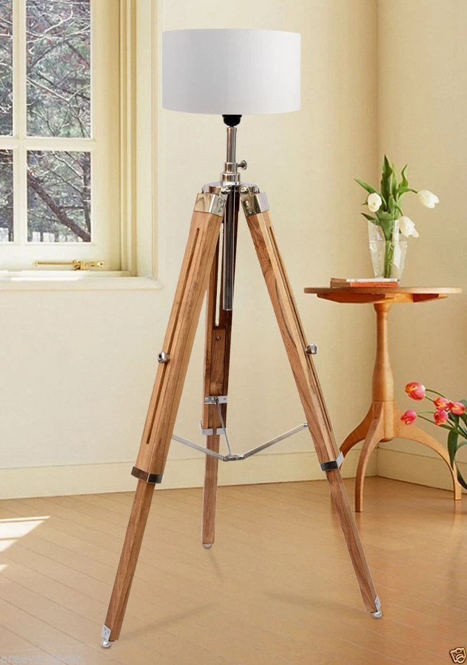 Vintage Tripod Floor Lamp Aluminum Natural Teak Wood Nautical Home Decor