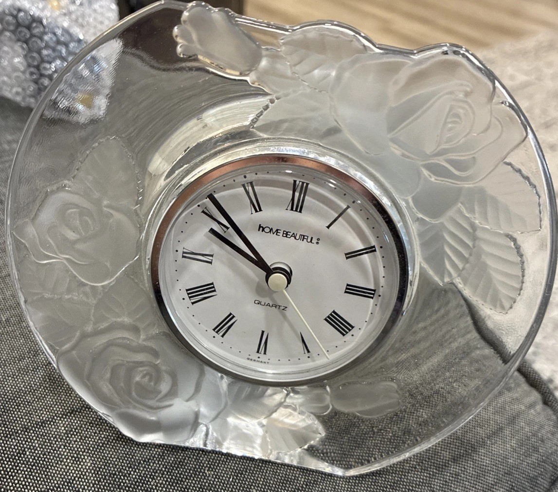 Home Beautiful Rose Pearl Crystals Clock Made In Japan Small Desk Size Vintage