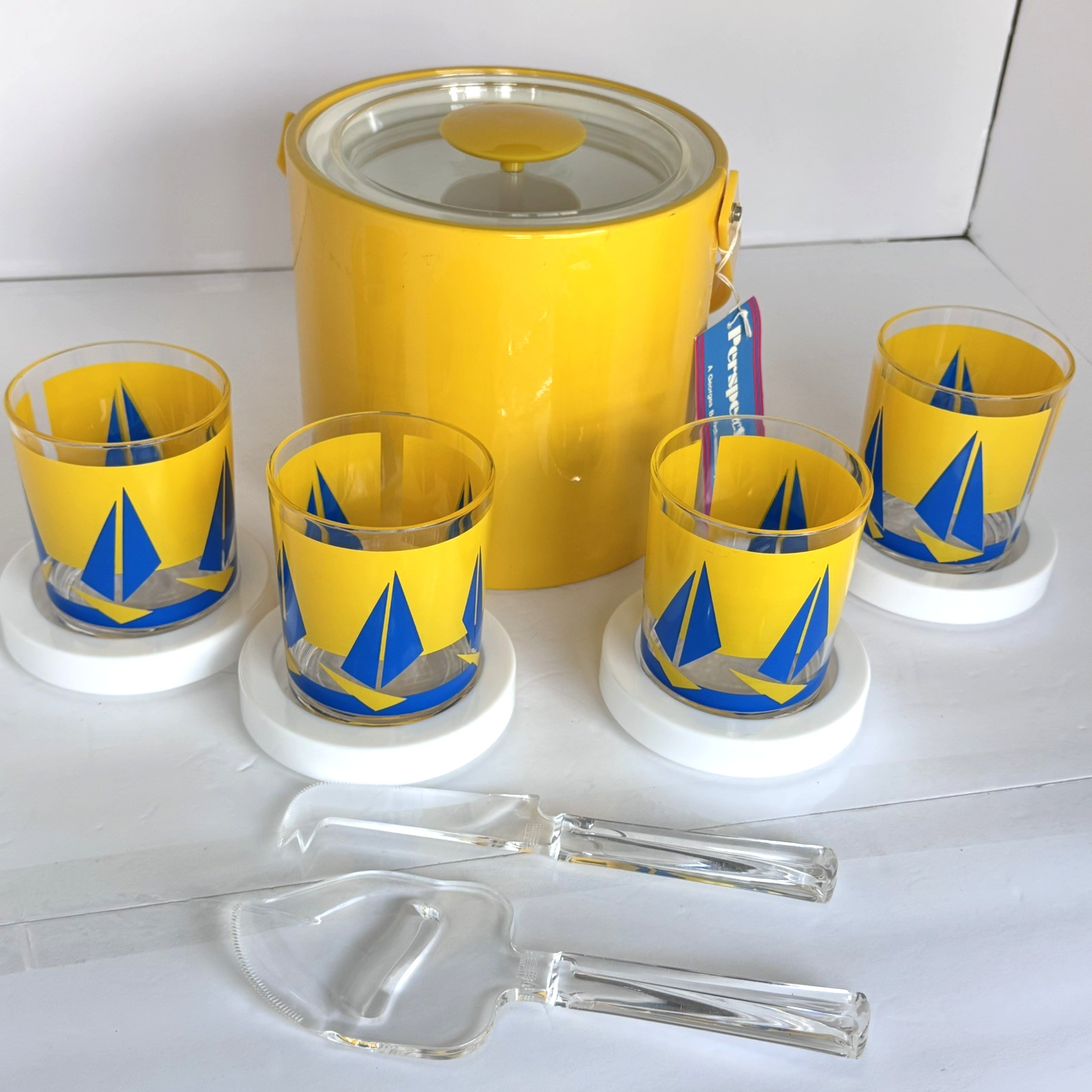 Rare Vintage Georges Briard Sailboat Ice Bucket Glasses Coasters Set NOS