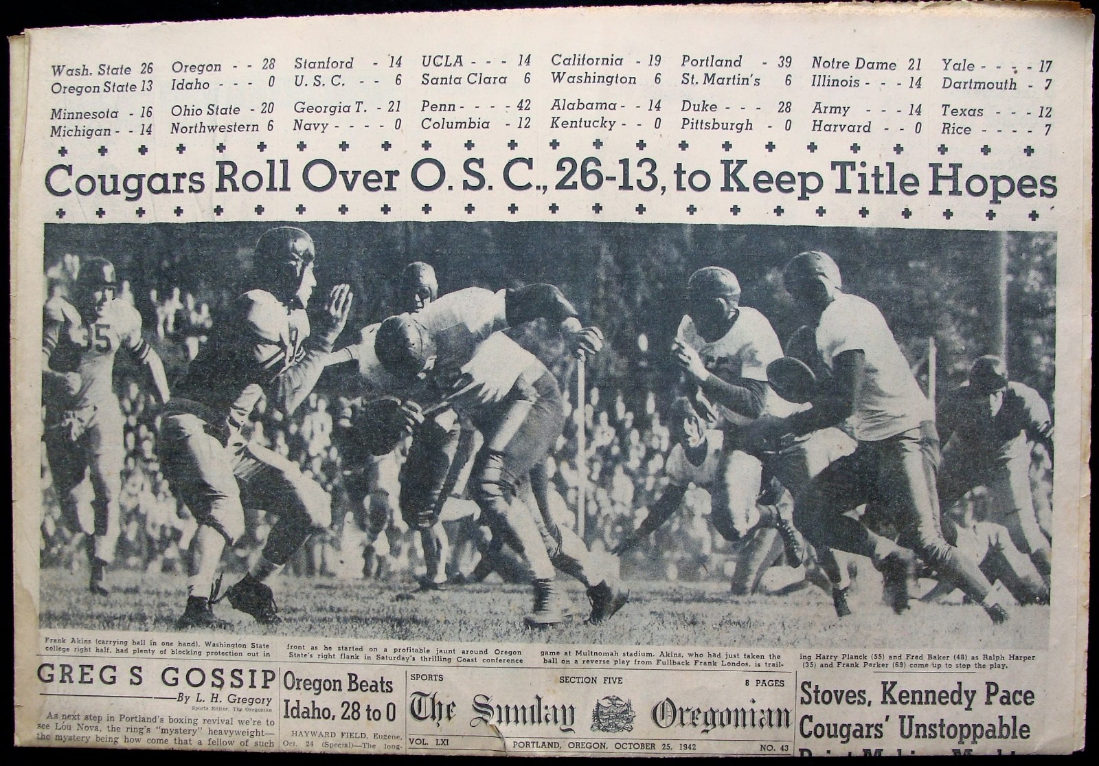 OCT 25, 1942 SUNDAY OREGONIAN NEWSPAPER - WASH. STATE ROLLS OVER OSU; DUCKS WIN OCT 25, 1942 SUNDAY OREGONIAN NEWSPAPER - WASH. STATE ROLLS OVER OSU; DUCKS WIN